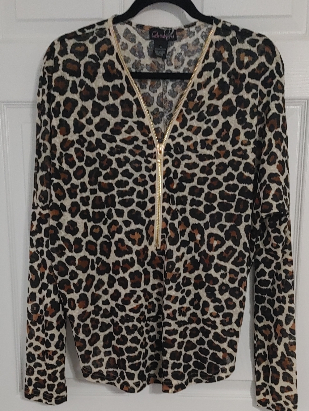Leopard-Print Long Sleeve Top by Questions with Gold Zipper V-Neck Opening